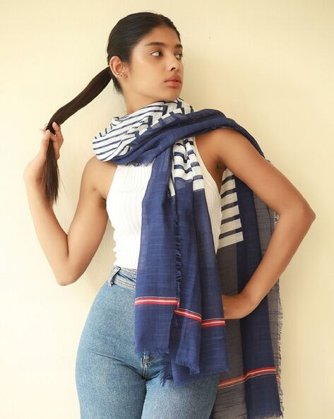 Striped Scarf with Stitched Hem Price in India