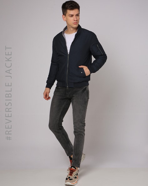 Blue jeans outlet black bomber jacket