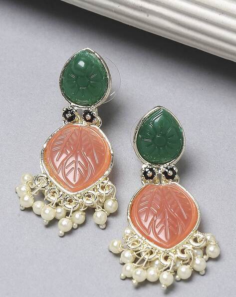 Coral, Jade, Diamonds, Rose Gold and Silver Dangle Earrings, 1950s, Set of  2 for sale at Pamono