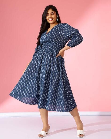 Floral Print V-Neck Fit Flare Dress