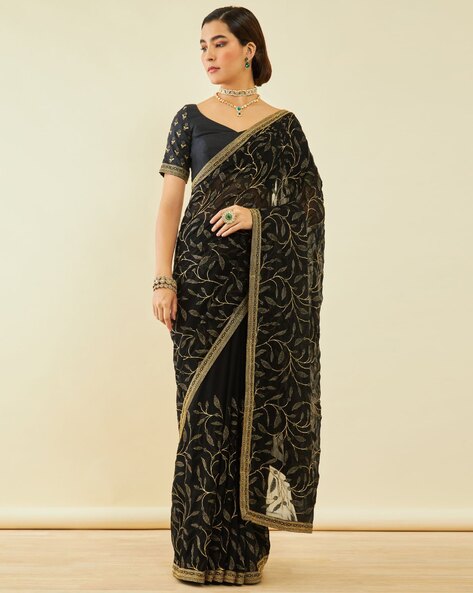 Olive Chiffon Zari Embroidered Saree at Soch