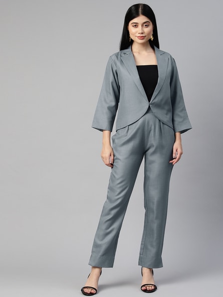 Buy Beige Suiting Lapel Asymmetric Blazer And Pant Set For Women by Deme by  Gabriella Online at Aza Fashions.