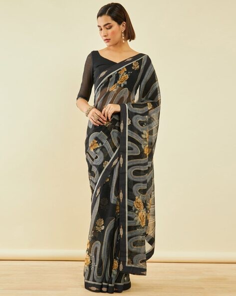 Black Floral Print Chiffon Saree