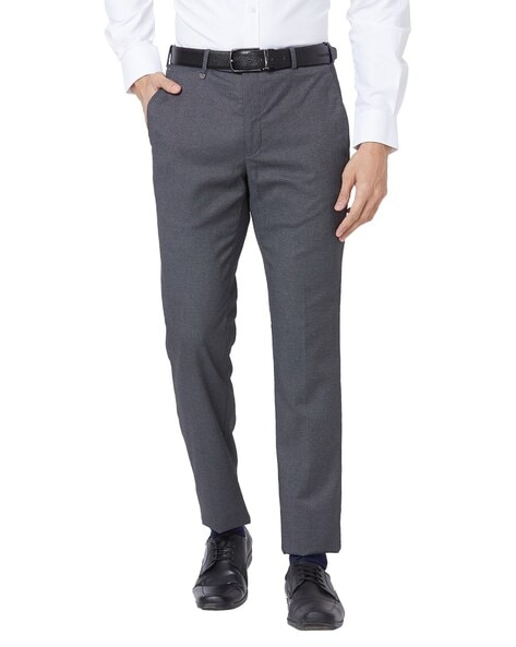 Buy Park Avenue Men`s Regular Fit Self Design Mid Waist Blue Formal Trouser  online