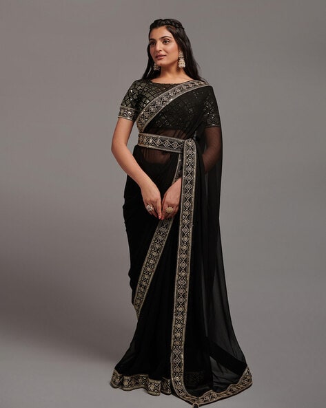 Buy Samah Printed, Geometric Print, Embellished Daily Wear Lycra Blend Black  Sarees Online @ Best Price In India | Flipkart.com
