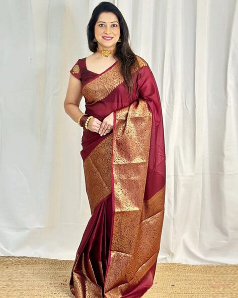 Hand Embroidered Pure Kanchipuram Silk Saree in Maroon : SBRA2545