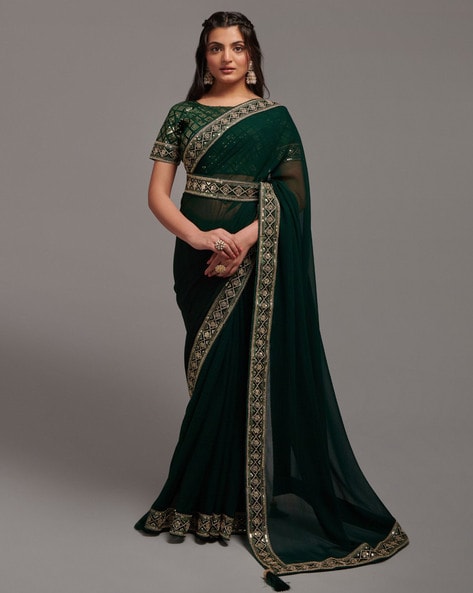 Green Saree with Black and White Batik Print Border and Pallu