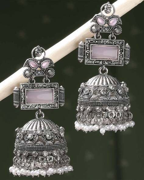 Oxidized Silver Plated Taj Mahal Design White And Red Color Stone With  Hanging White Pearls Jhumka Earring