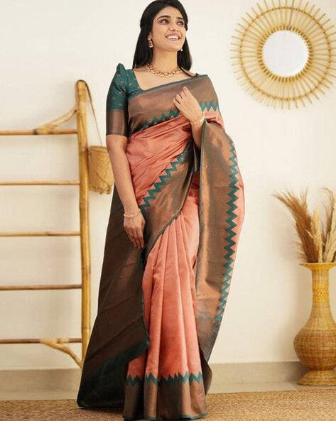 Buy Gold South Silk Saree With Contrast Pallu And Unstitched Blouse Piece