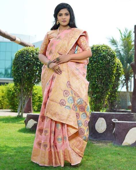 Buy Peach Sarees for Women by WUXI Online