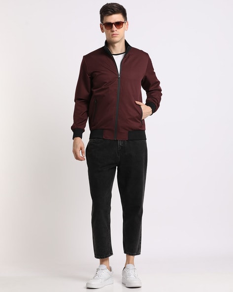 Burgundy bomber hotsell jacket outfit