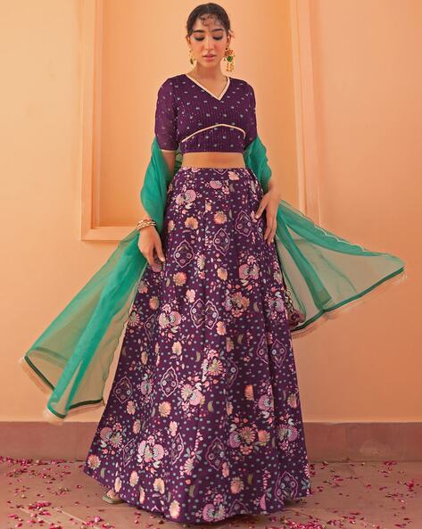 Buy Icy Pink Net Lehenga And Sleeveless Crop Top With 3D Flower Cluster And  Scattered Buttis KALKI Fashion India