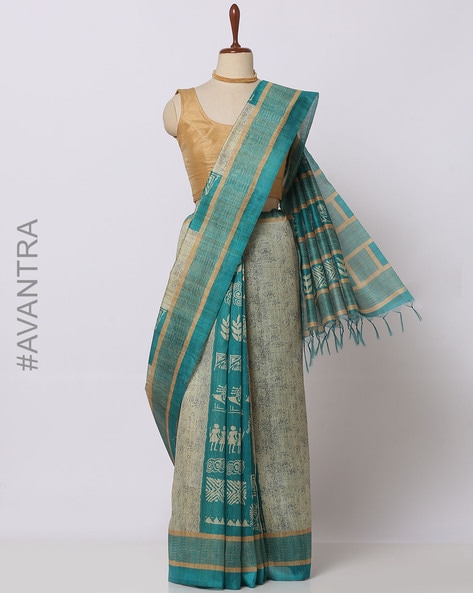 Heavy golden zari banarasi silk kalamkari print saree – www.vannamayil.com