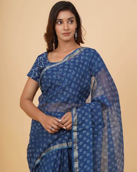 DBT Party wear Indigo Hand Block Printed Saree, 6.3 m (with blouse piece)  at Rs 800 in Jaipur