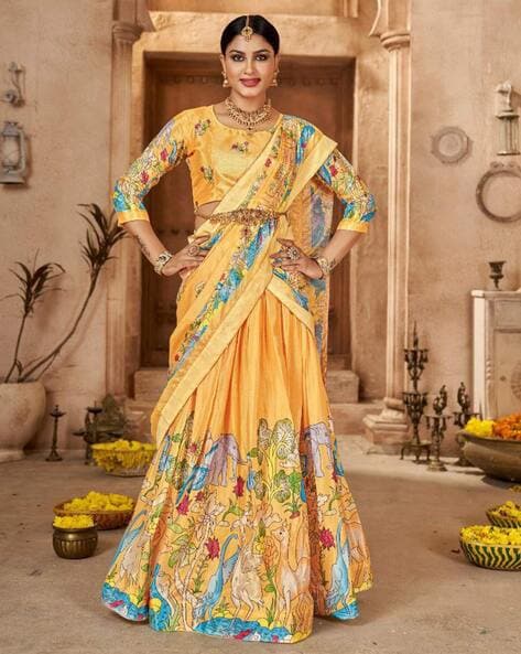 Sunny Yellow Chinon Digital Printed Lehenga Choli Set