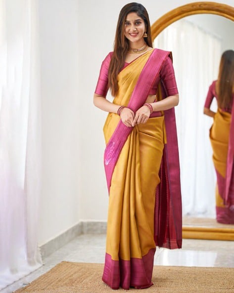 Light Pink and Yellow Embroidered Saree – Stylemantra