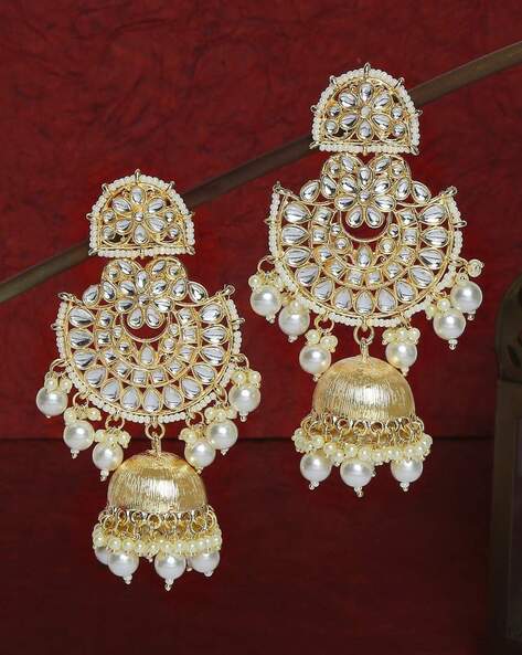 Beautiful Gold Plated Kundan Jhumka Earrings With Pearls