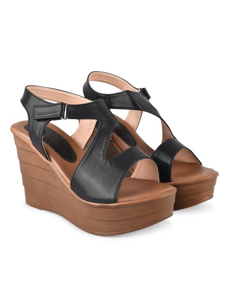 Black peep toe best sale wedges with ankle strap