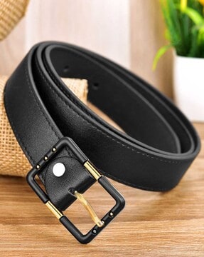 Wide Black Leather Belt With Brass Abstract Buckle Size 34 / Black Leather  2 1/2 Inch Wide Statement Belt 