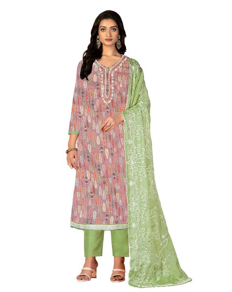 Leaf Print 3-Piece Unstitched Dress Material Price in India