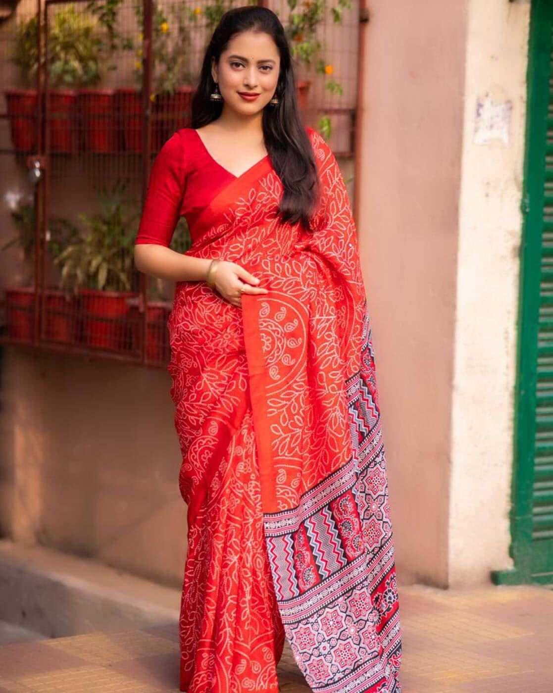 Women's Soft Silk Saree With Ajrakh Style And Foil Print - Stava