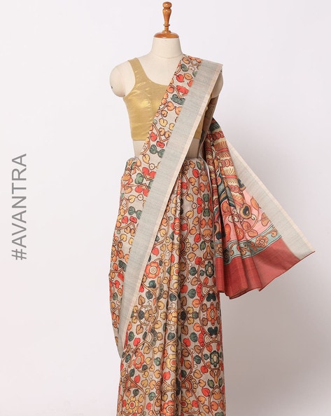 Mud Grey and Brown Kalamkari Pure Silk Crepe Saree – Sunasa