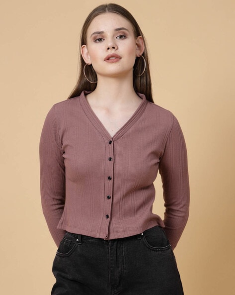 Ribbed Slim-Fit Button-Down Top