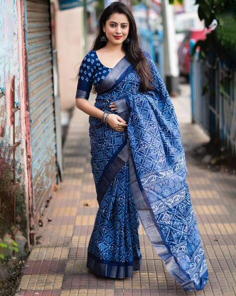 Buy Indigo Printed Pure Mulmul Cotton Hand Block Printed Indian Jaipuri  Saree With Attached Unstitched Saree Blouse, Gift for Her, Online in India  - Etsy