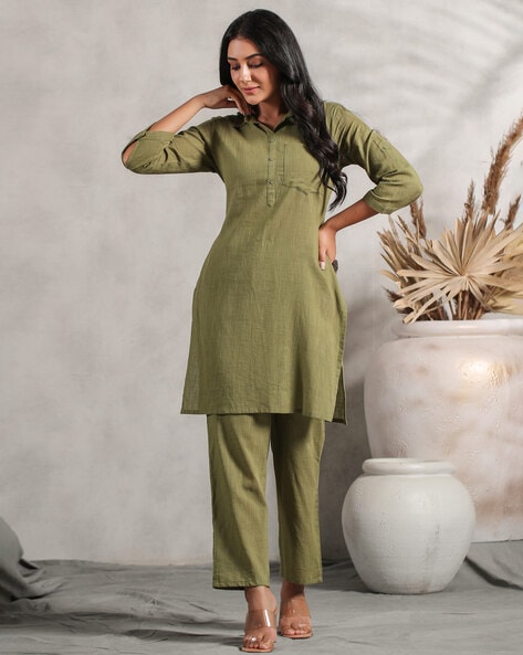 Navy Blue Embroidered Pure Cotton Kurti With Trousers Co-Ord Set – Yufta  Store