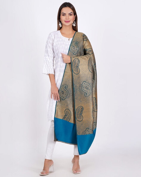 Women Paisley Patterned Shawl with Fringed Hem Price in India