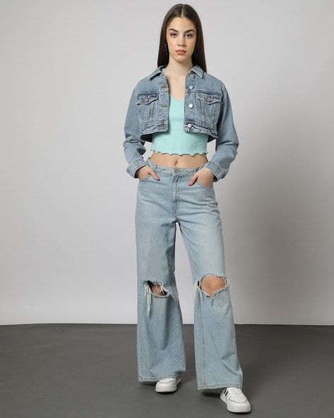 BUST CROP DENIM JACKET – Blue Brew