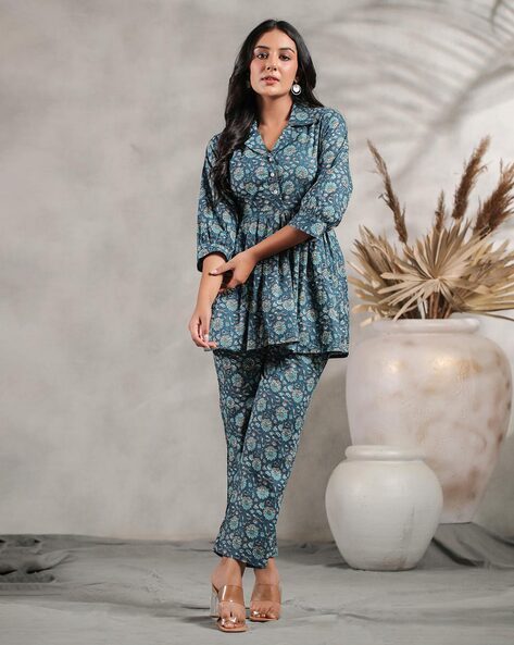 Blue Floral Printed Women Co-Ord Set