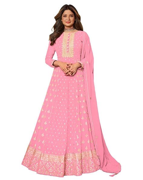 Pink Embroidery Work Raw Silk Net Designer Long Anarkali Gown. Buy online  shopping Gown at -Suriname.