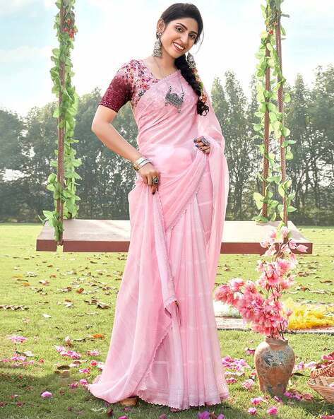 Baby Pink Color Women Saree in Vichitra Silk With Heavy Embroidery Lace  Border and Blouse in USA, UK, Malaysia, South Africa, Dubai, Singapore