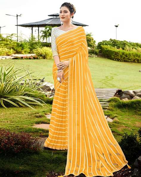 Yellow Viscose Georgette Saree with Embroidered Peacock Motifs -...