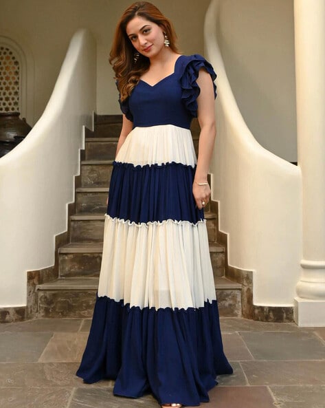 Colourblock V-Neck Tiered Gown