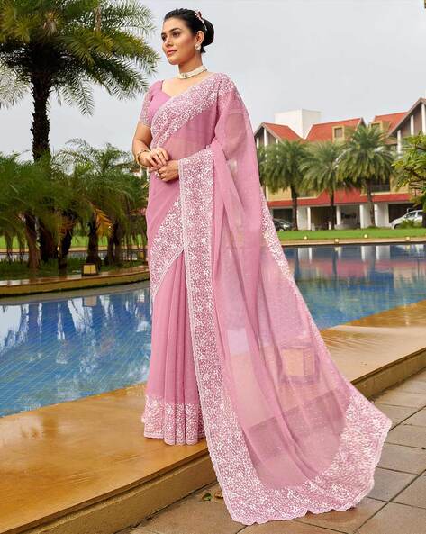 Buy Baby Pink Chiffon Saree With Banglori Silk Blouse Online - SARV01710 |  Andaaz Fashion