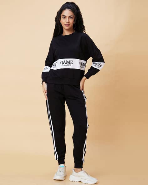 Typography Printed Boxy Fit Sweatshirt Side Striped Joggers Co-Ord Set