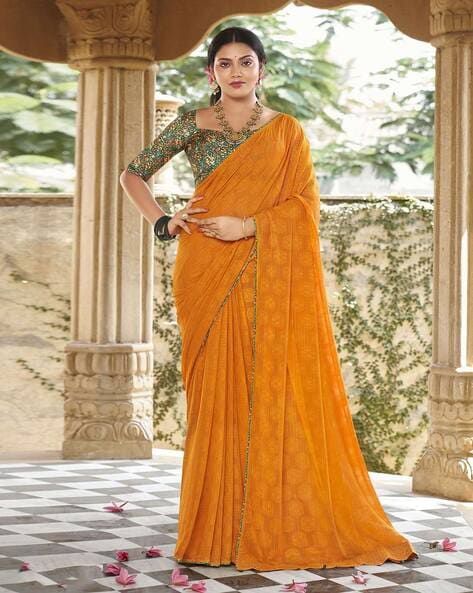 Printed Georgette Saree in Yellow - Ucchal Fashion