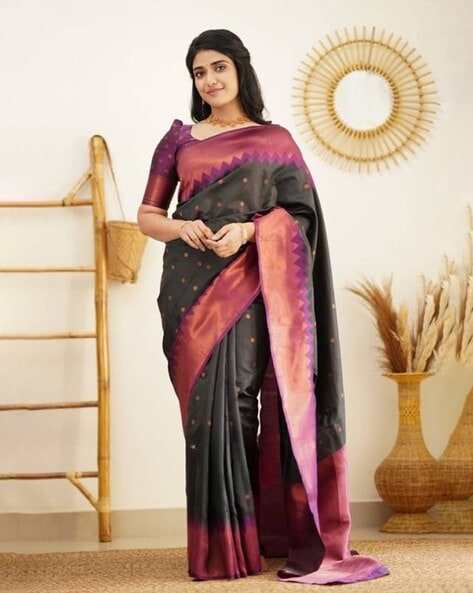 Black pink combination heavy silk saree with attached blouse – Zariknyaa