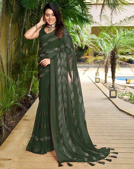 Dark green & black khana silk V neck blouse with frill detailing and b