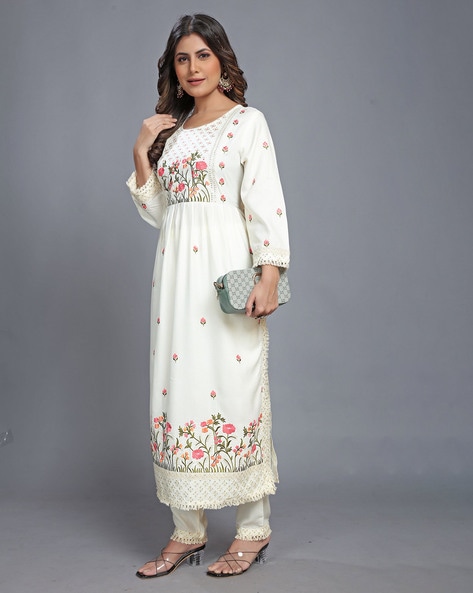 Buy Vaani Vastram Women's Embroidered Alia Cut Kurta and Dupatta Set  (Large) White at