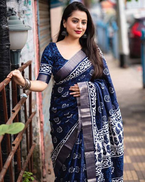 Indigo Mul Cotton Dabu Printed Saree - atosi