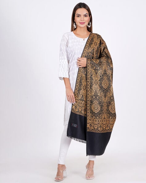 Women Floral Patterned Shawl with Fringed Hem Price in India