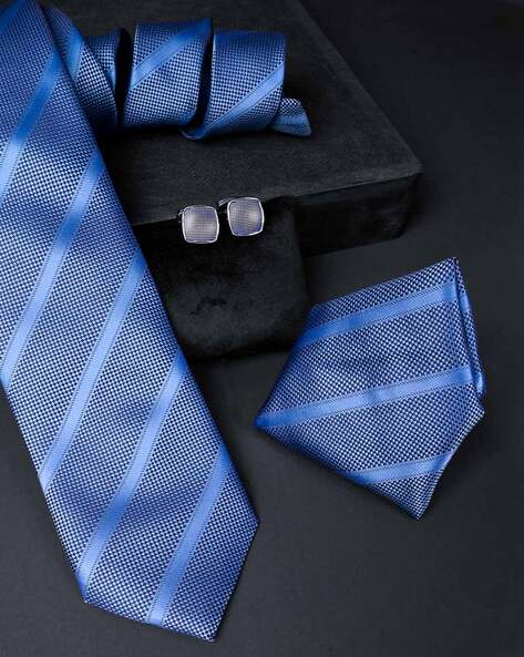 Dark Blue Patterned Tie Set | Matching Handkerchief + Cufflinks + Box