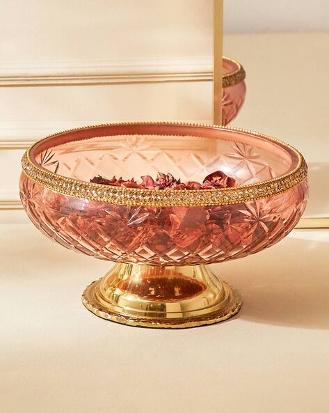 Glass Decorative Bowl with Metal Base