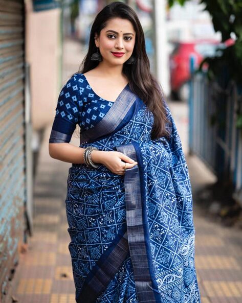 Elegant Indigo Night Blue Linen Designer Printed Saree