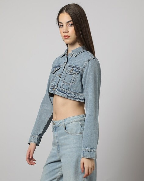 Cropped Collared Neck Denim Jacket – A Lark And A Lady
