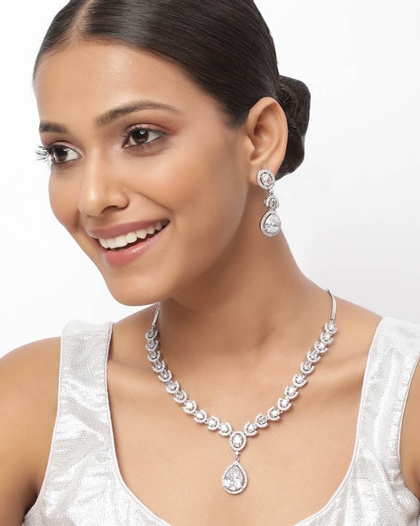 Rhodium-Plated American Diamond-Studded Necklace & Earrings Set