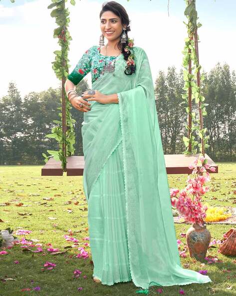 Aqua Blue Organza Saree - Striped Print, Embroidered Border